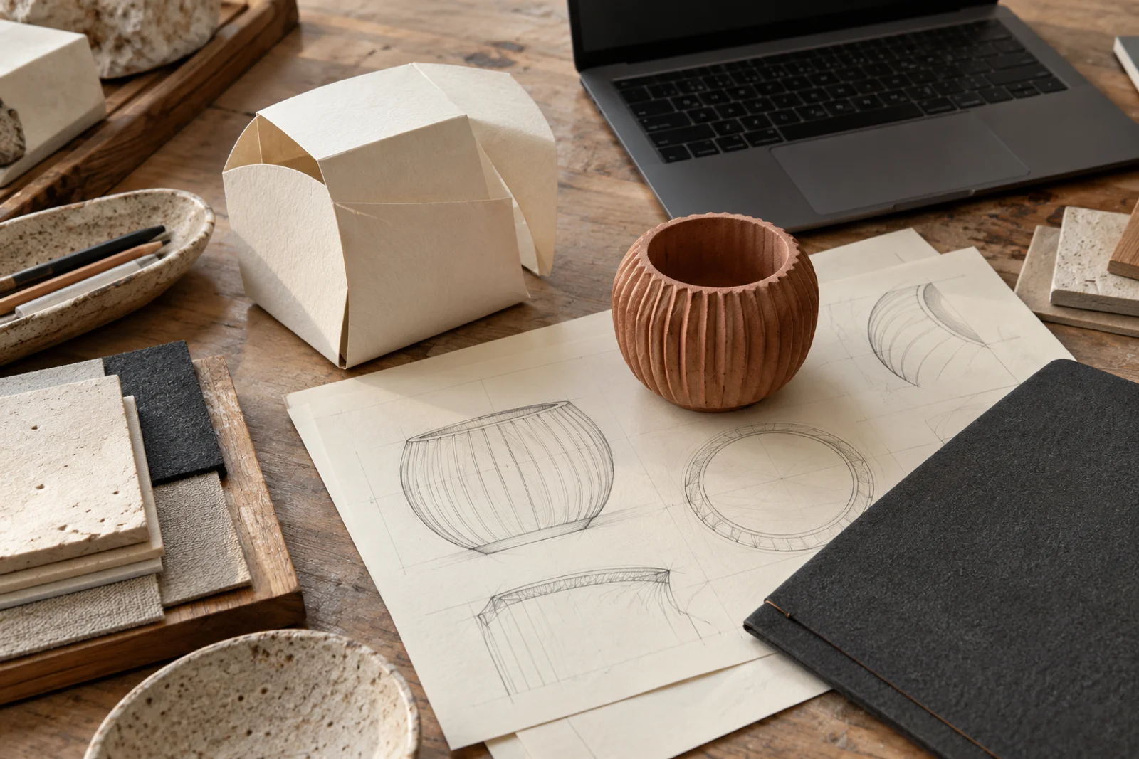 Ceramic product prototype, packaging mockup, material samples, and original sketches beside a laptop.